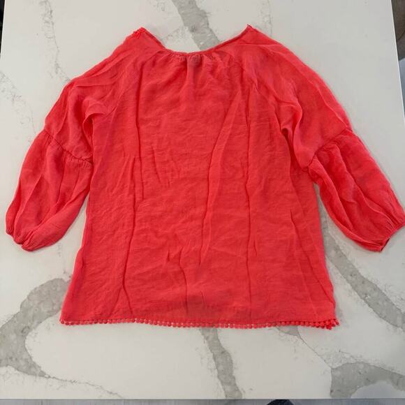 Robert Louis Vacation Blouse Womens Medium Coral Lace Accents 3/4 Balloon Sleeve - Picture 6 of 6